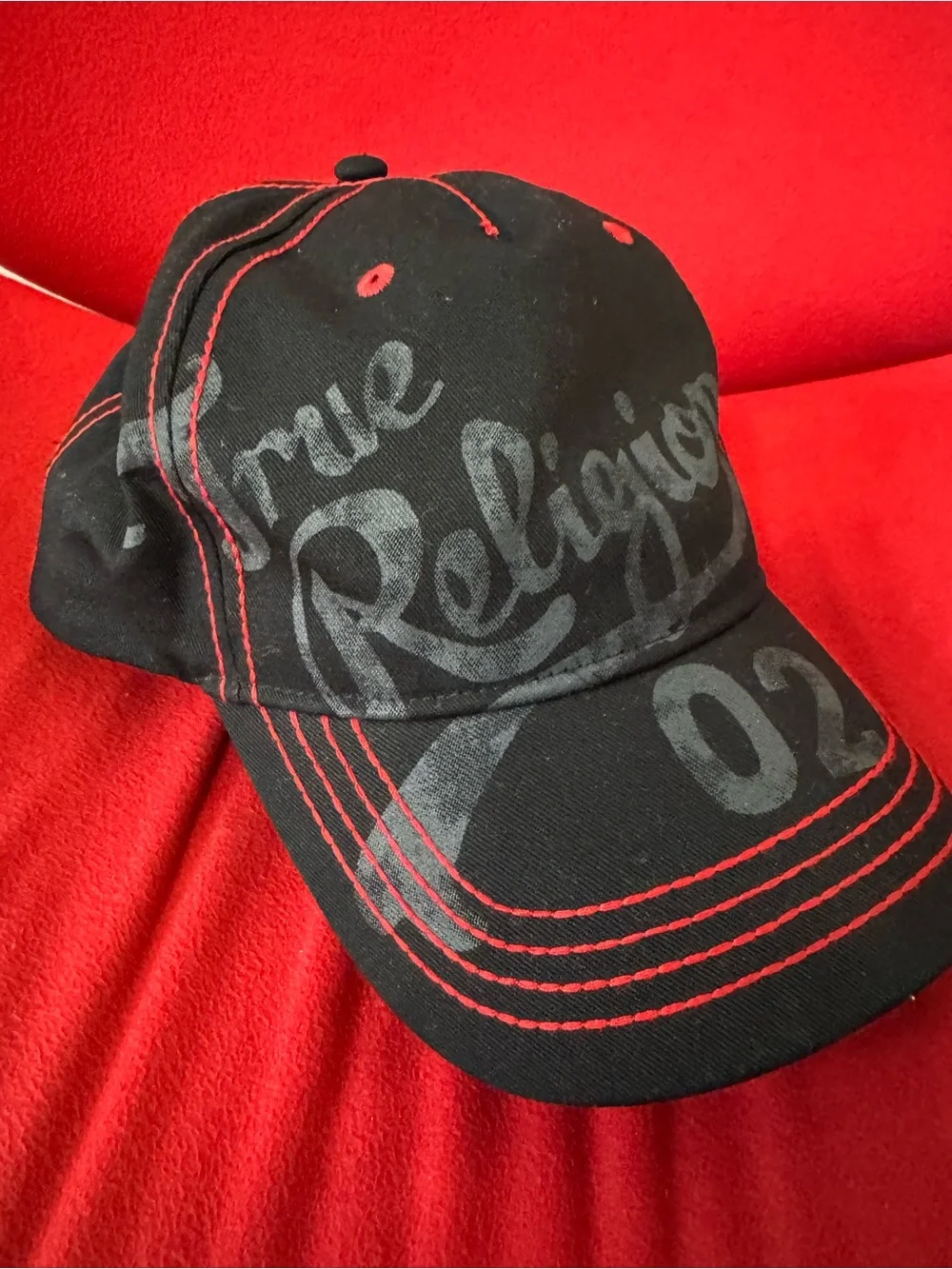 True Religion Script Logo Snapback Hat Black Red Stitching NWOT